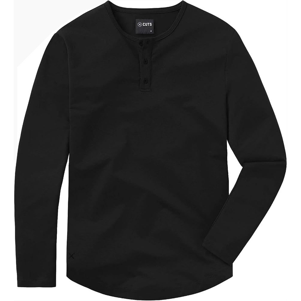 Cuts Henley Long Sleeve Mens Medium Black Elongated Curved Hem Pyca Pro Shirt
